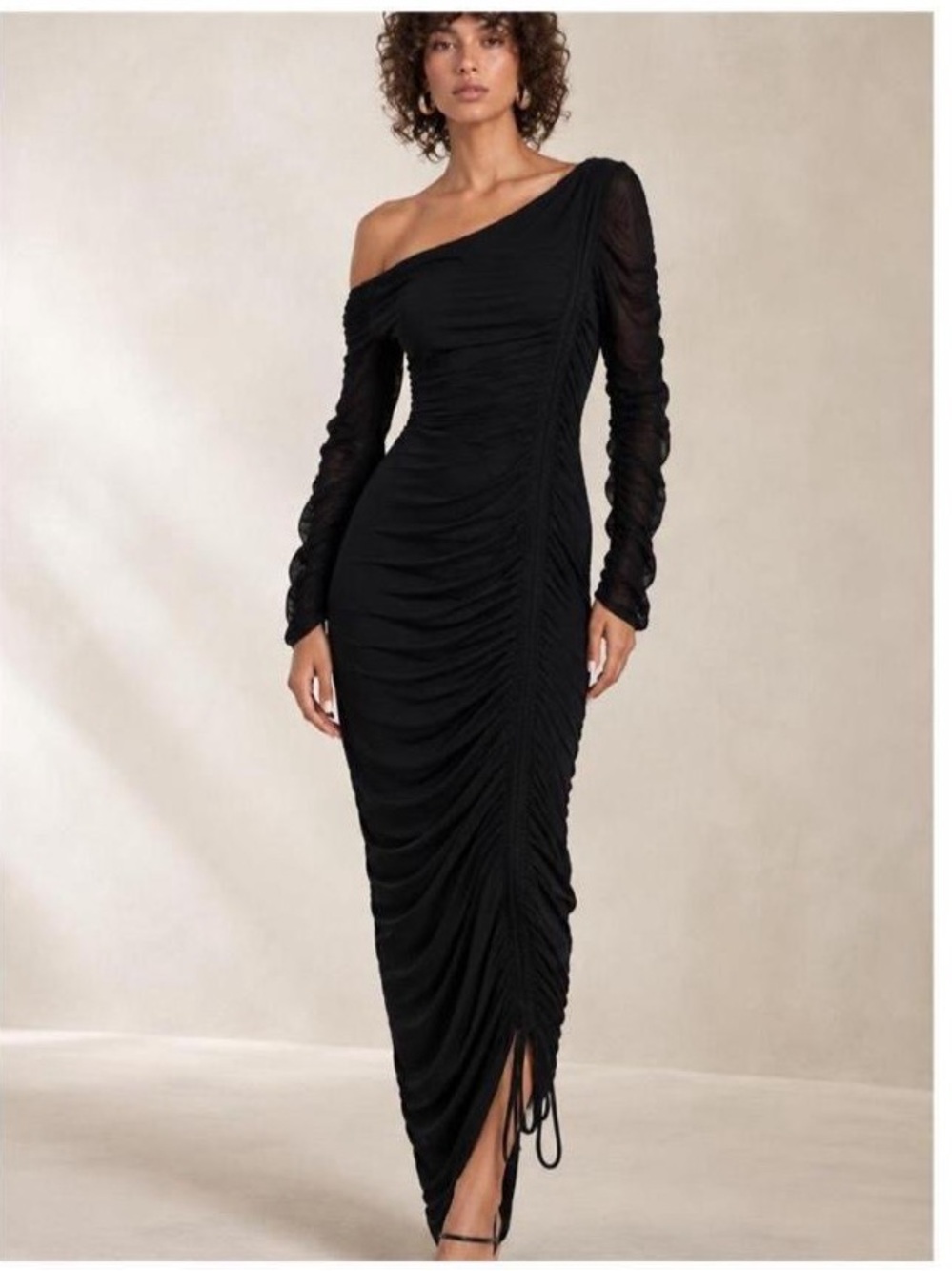 Club L London One-Shoulder Black Ruched Midi Dress with Sheer Sleeve